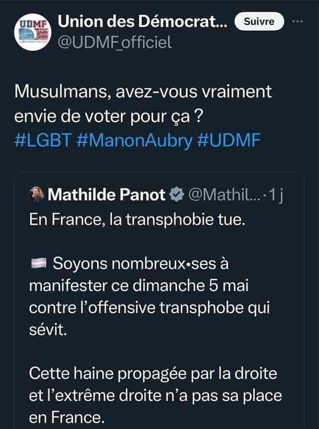 L'union des Démocrates Musulmans Français se désolidarise de l'appel à manifester contre la transphobie par LFI.
